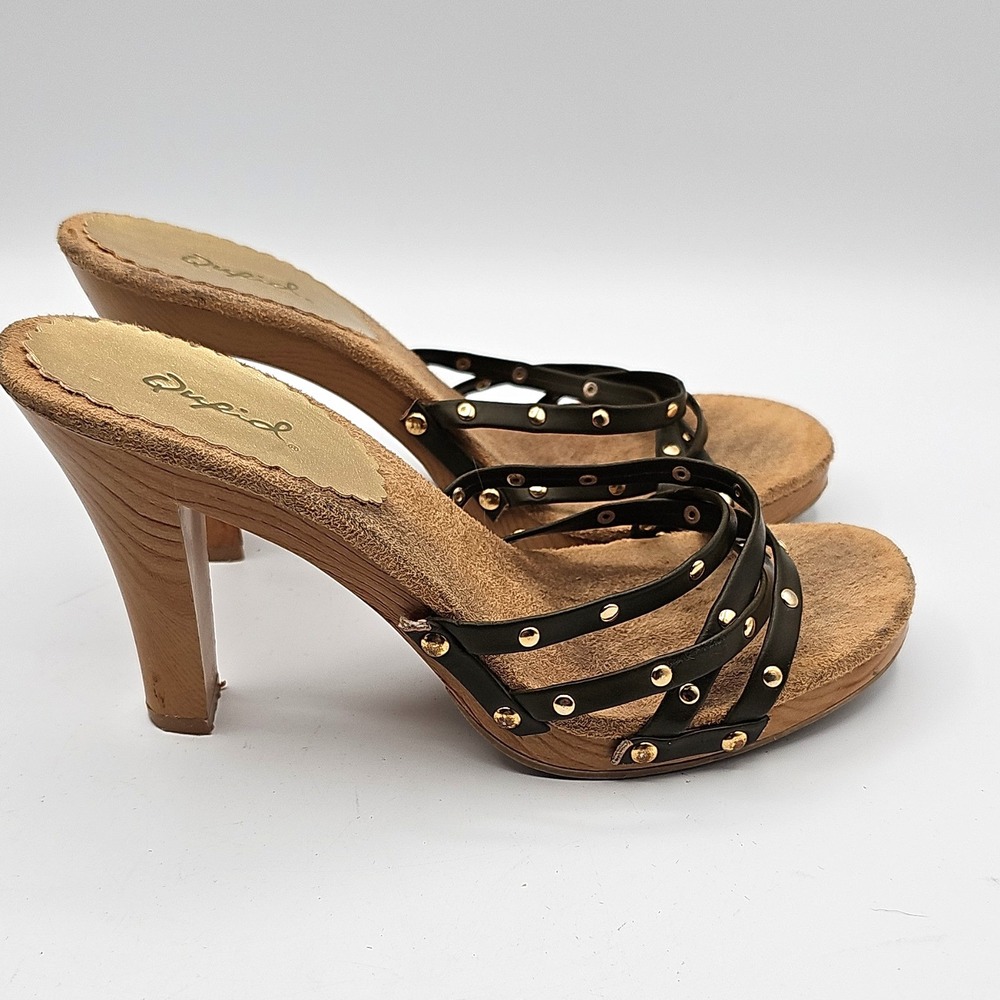 Qupid Black & Brown Studded Strappy Stiletto Heels Sandals Size 7 Y2K